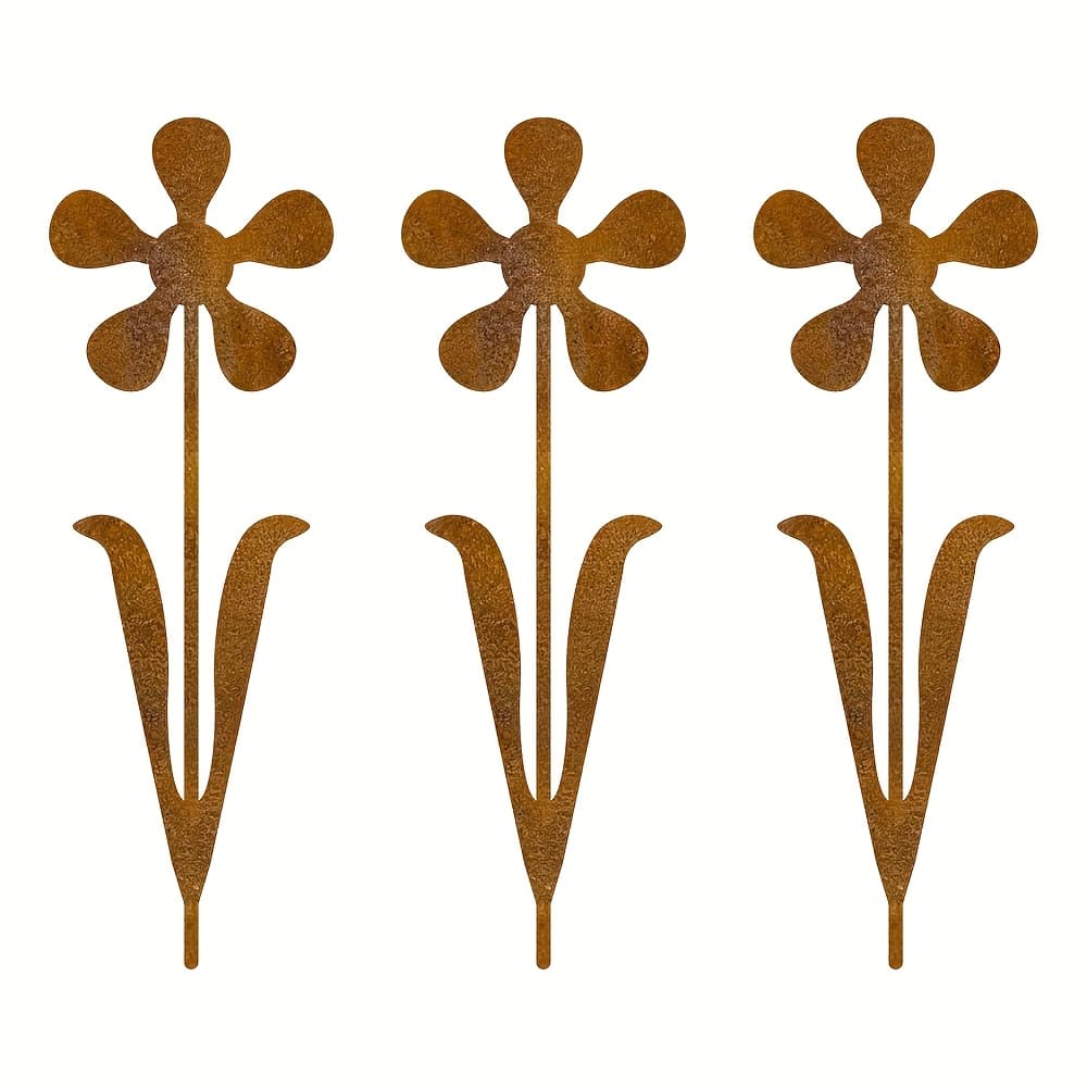 TEMU Rustic Craft 3pcs Natural Rusty Metal Flower Garden Planting , Rusty Garden Decoration, Metal Rust Stake, Suitable For Garden, Terrace, Balcony, Flower Pot, Courtyard Garden Decoration Gift