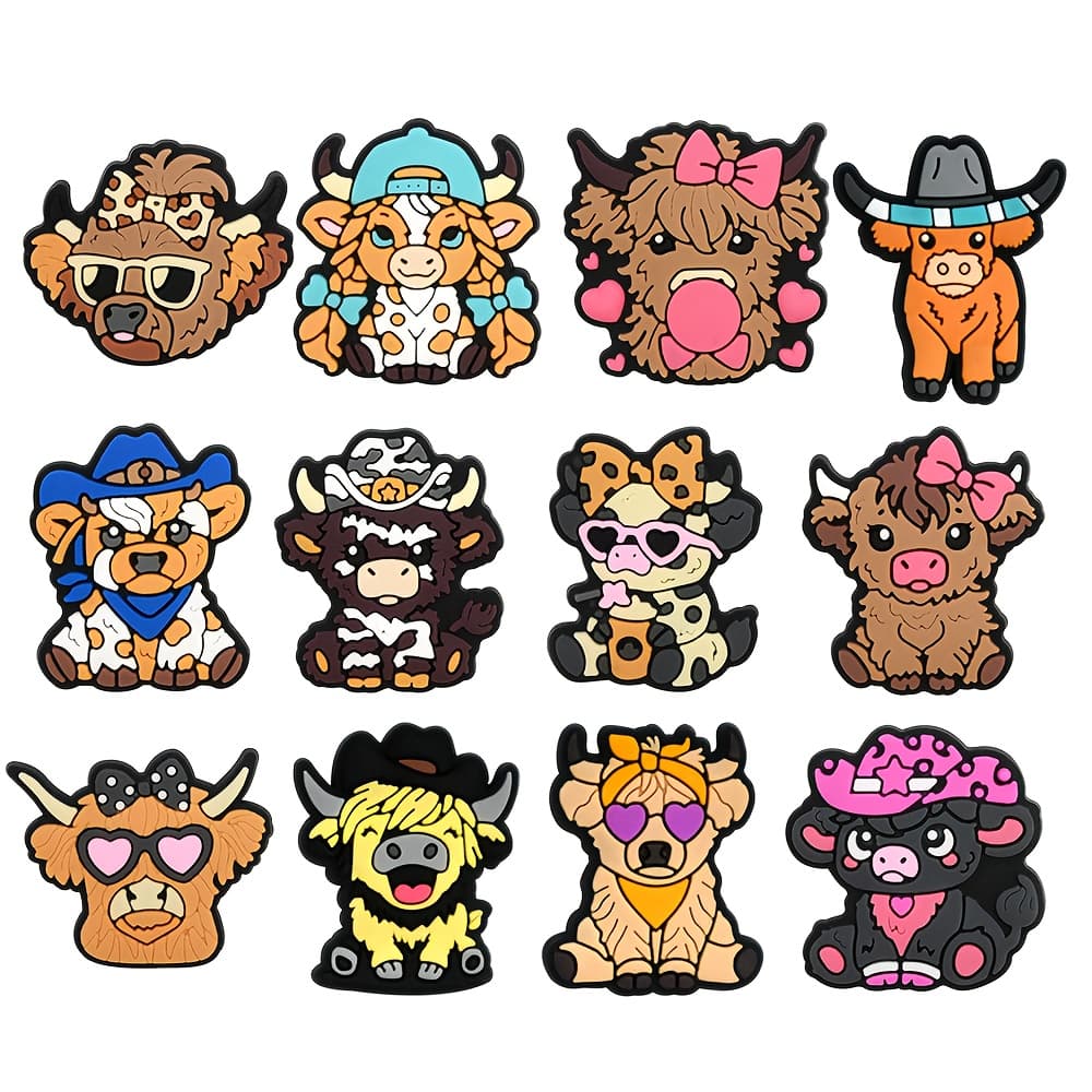 TEMU 12pcs, Soft Plastic, Animal Shape Shoe Charms, Lovable Cattle Shoe Accessories, Highland Cow Shoe Accessories Decoration, Suitable For Sandal Garden Shoes, Party Gift