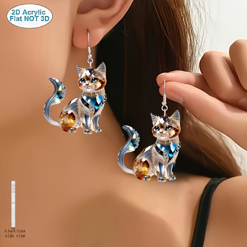 TEMU 2d Flat, 1 Pair Cute Cat Pendant Earrings With Blue & Orange Gemstones - 2d Flat Design, Lightweight For Everyday Casual Wear, Perfect Gift For Cat Lovers, Cute Earrings, 2d Flat
