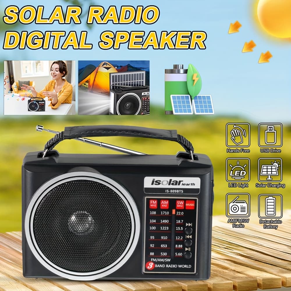 TEMU Fm/am Rechargeable Solar Radio Speaker - Portable Audio And Video Radios With Mp3 Player, Flashlight, Adjustable Volume For Outdoor Activities, Emergency, And Camping