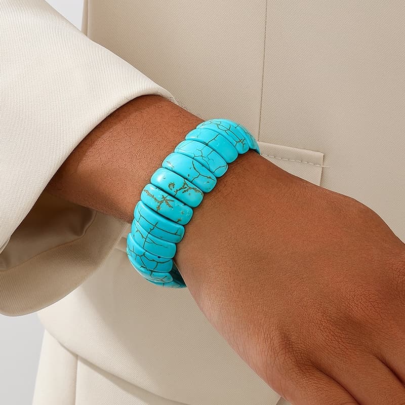 TEMU 1pc Elegant Bohemian Tribal Style Wide Beaded Turquoise Bangle, Women's Fashion Retro Statement Bracelet, Suitable For Daily And Vacation Wear, Accessory