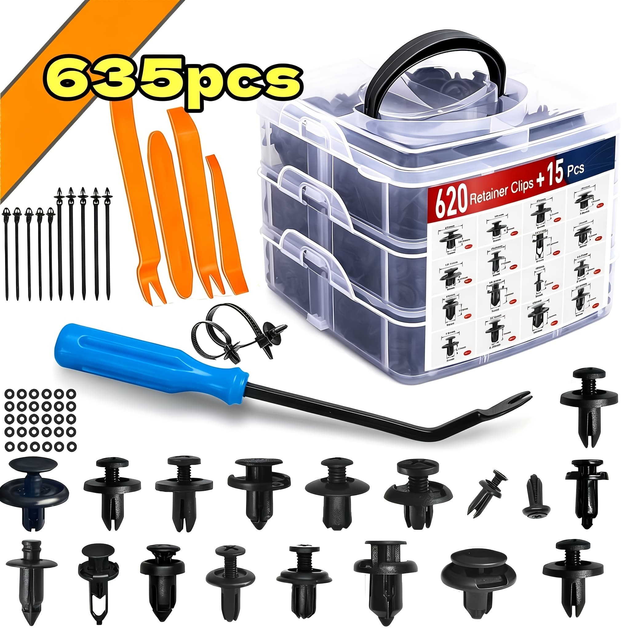 TEMU 115/635/640/1290pcs Car Push Retainer Clips - 16 Sizes Nylon Bumper Fender Plastic Rivets Automotive Clips Auto Fasteners With 10 Cable Ties And Fasteners Remover Replacement