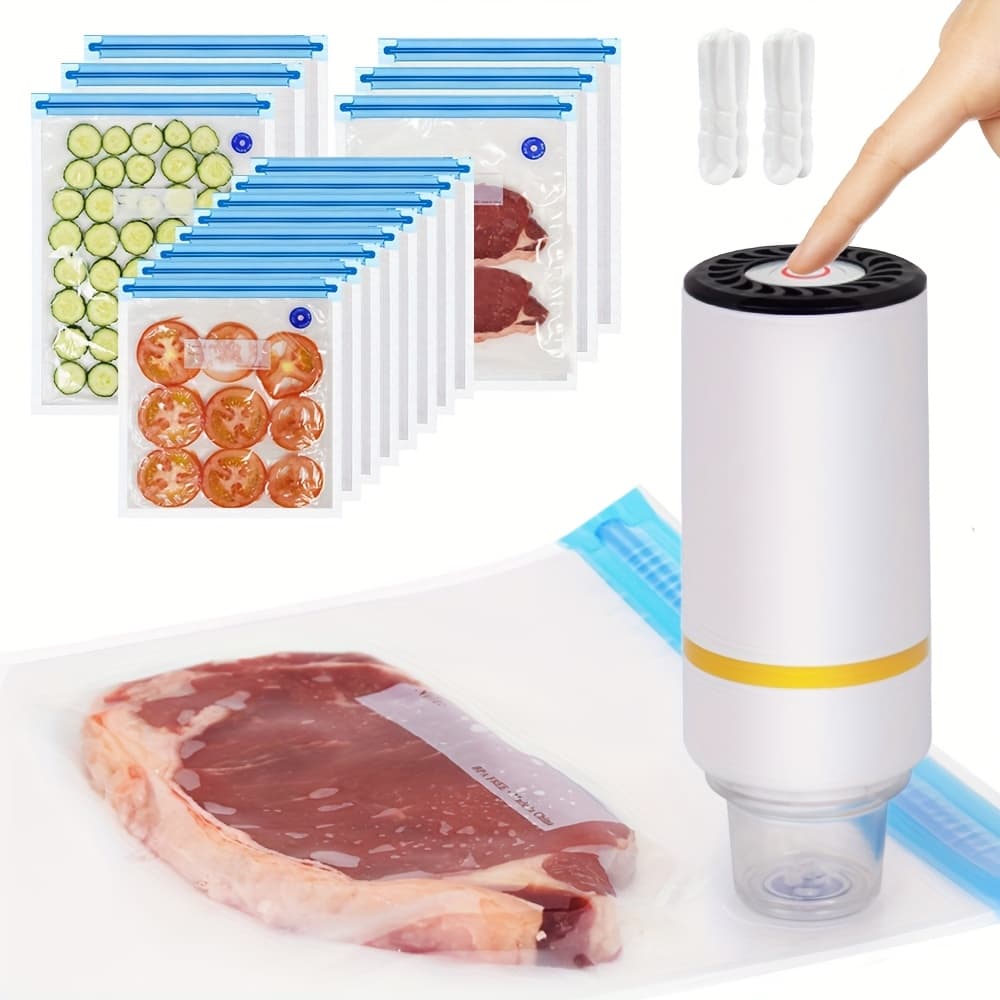 TEMU 18pcs Electric Vacuum Pump Kit, Rechargeable Via Usb, Wireless Vacuum Device Along With Food Vacuum Bags, Includes 1 Vacuum Pump And 14 Vacuum Bags (8 Small, 3 Medium, 3 Large), 2 Sealing Clips