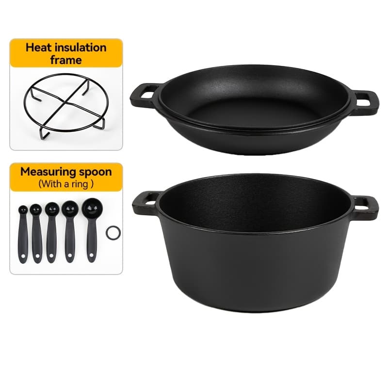TEMU 7qt Hand-built 2-in- Iron Cookware Set (5.1qt Dutch Oven + 1.9qt ) Holiday For Stove, Induction, Oven, Campfire, With 2 Handles Outdoor Bbq &indoor Make Sourdough Bread, Frying, Baking, Camping