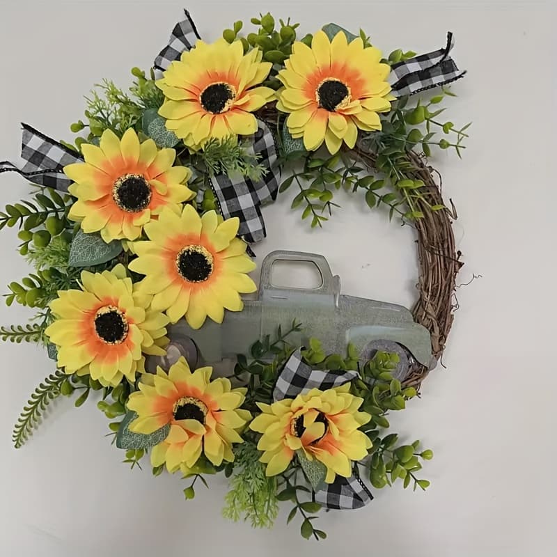 TEMU Rustic Sunflower Wreath With Vintage Green Truck, Artificial Wooden Home Decor, Festive Farmhouse Style Indoor & Outdoor Hanging Ornament, , No Power Required
