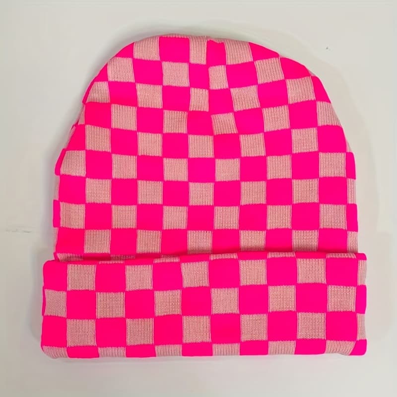 TEMU A Single Piece Of A Checkerboard Patterned Hat With A Crimped Texture - A Minimalist Black And That Fits Fashion Trend - A Matching Cold Weather Hat For Men And Women - Lightweight And Stretchy