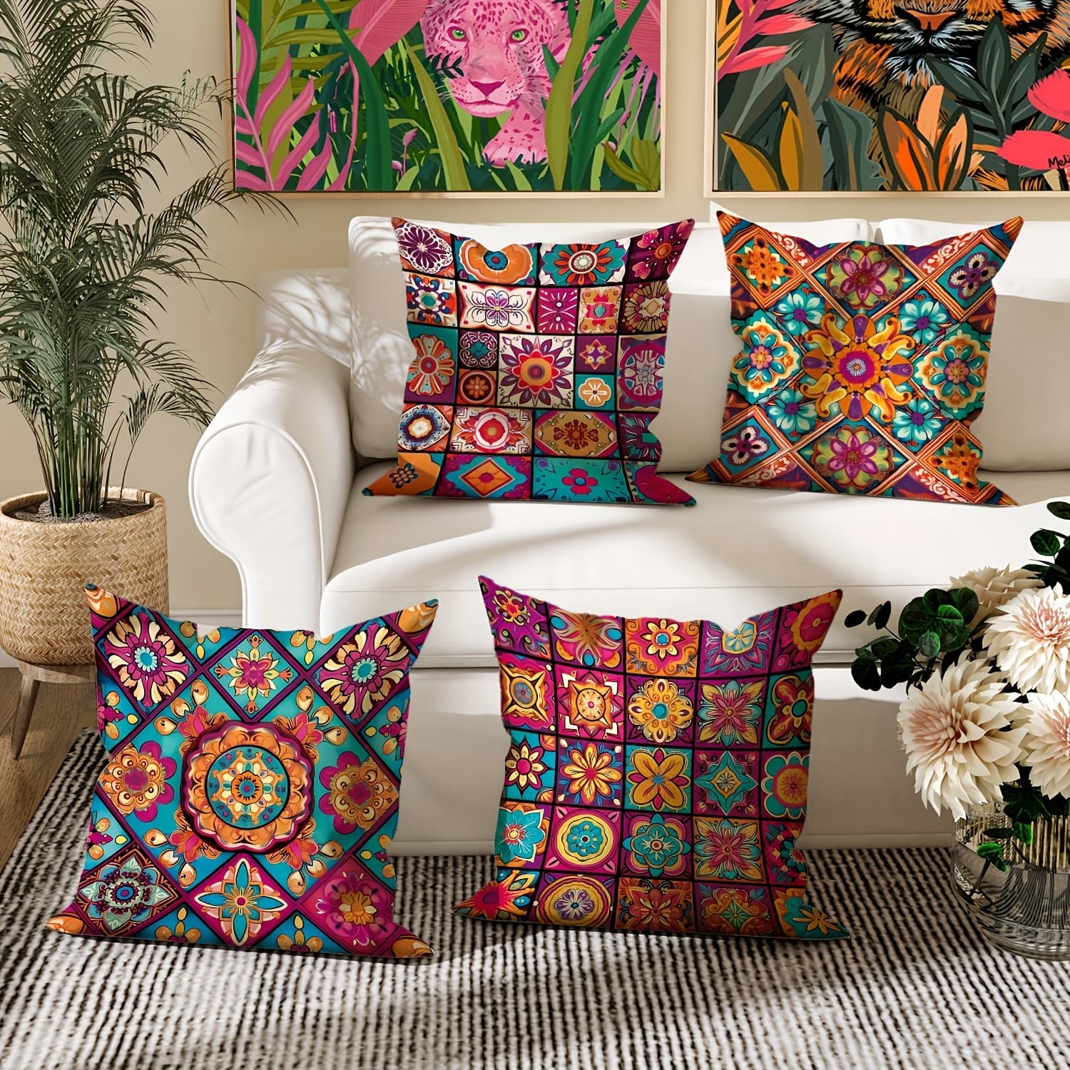 TEMU 4pcs Vibrant Mandala & Checkered Cushion Cover Set - Bohemian Style Modern Decorative Pillowcases For Sofas, Living Rooms, Outdoor - 18" " Fashionable Throw Pillow Covers With And Patterns