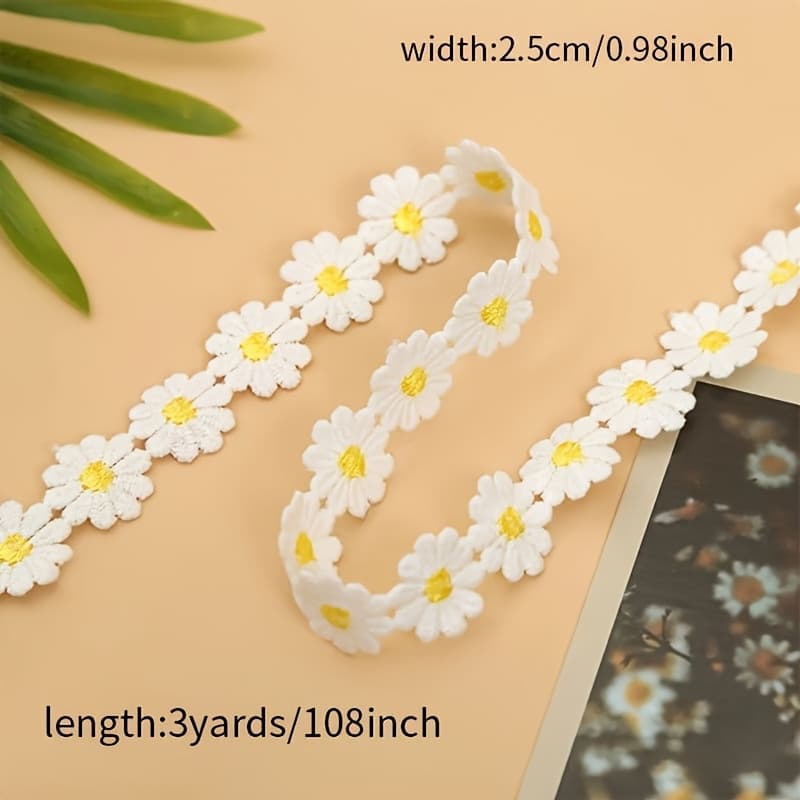 TEMU 3 Yards Of Decorative Ribbon - Inch Wide Fabric Embroidered Patch Ribbon For Crafts And Projects - White Floral Lace Decoration