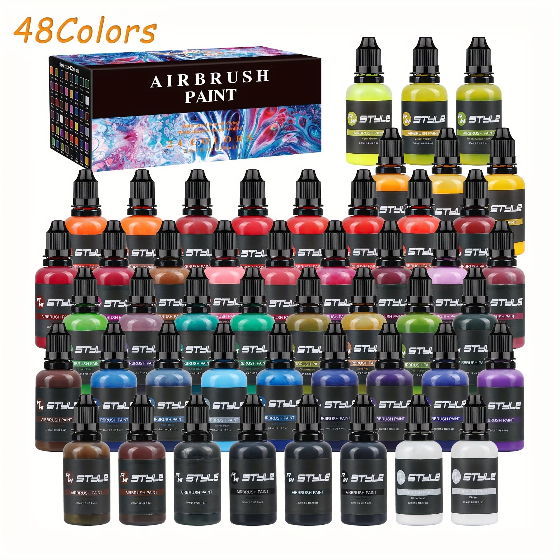 TEMU 48 Colors Airbrush Paint Set 1fl Oz, Opaque & Colors, Leather & Shoe Acrylic Air Brush Paint Kit Ready To Spray Water Based For Artists Beginners Hobbyist