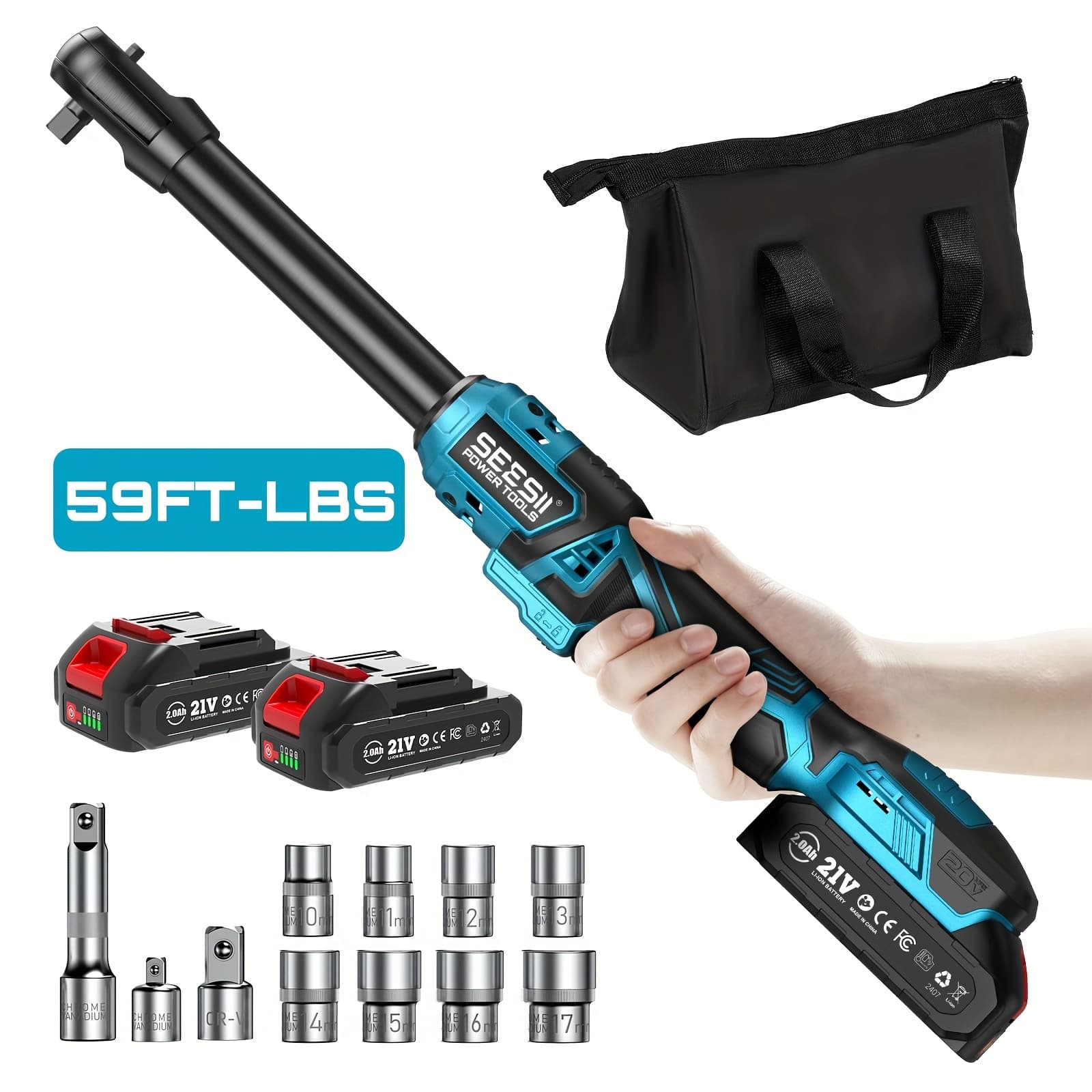 TEMU Seesii 21v Cordless Electric Ratchet Wrench Set, 59ft-lbs 400rpm Power Ratchet Wrench 3/8", Variable Speed Trigger, 2x 2.0a Batteries & Charger, 8 Sockets, 3" Extension Bar, 1/4" And 1/2" Adapter