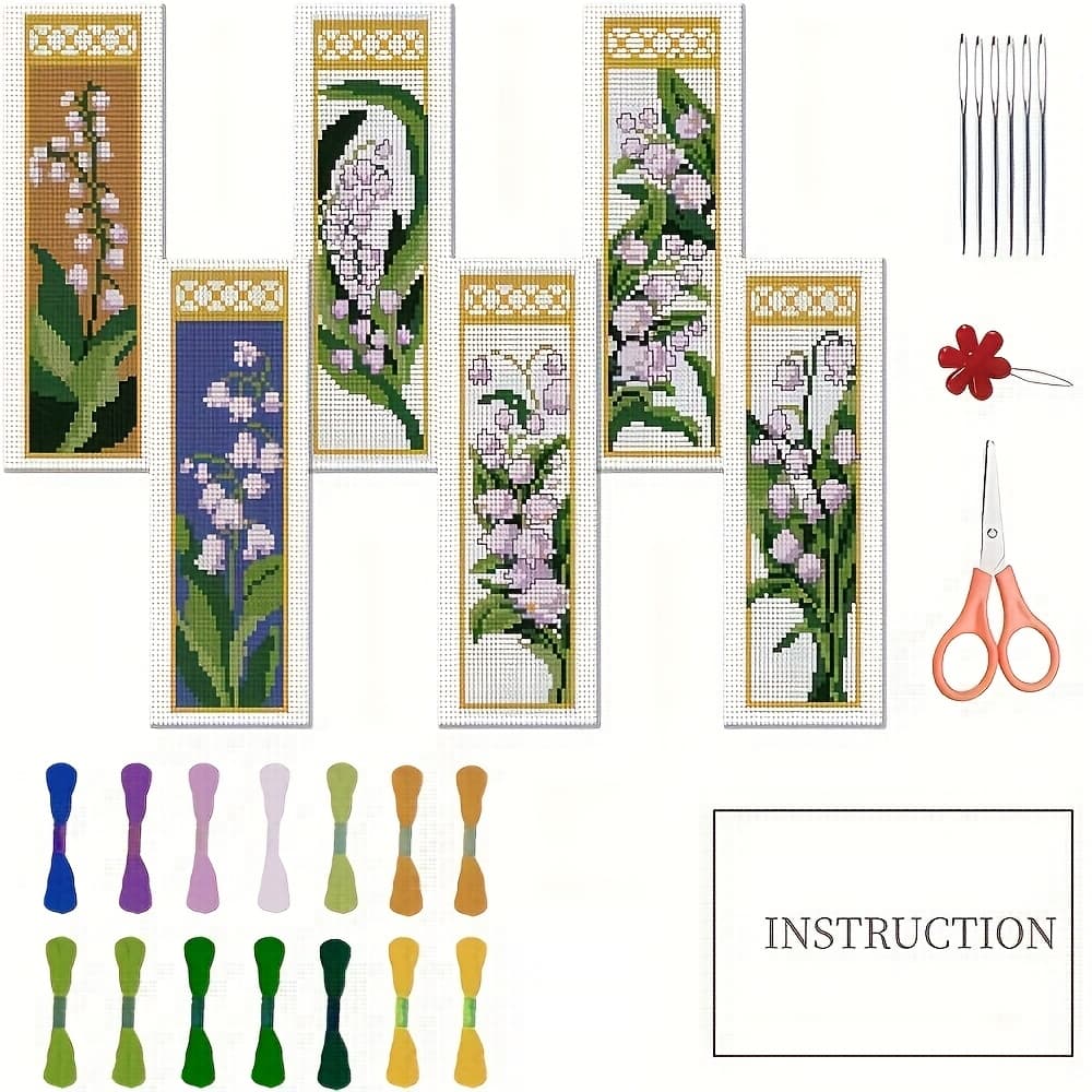 TEMU 6pcs Floral Themed Cross- Bookmark Set With Lily Of The Valley Pattern Print, Includes English Instructions, Suitable For Beginner Sewers, Cross- Kit Birthday Gift