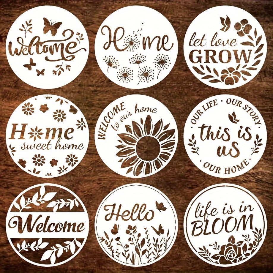 TEMU 9 Reusable Wooden Welcome Stencils - Large Spring & Floral Designs, Durable Pet Templates For Porch Signs, Home Decor, And Craft Projects