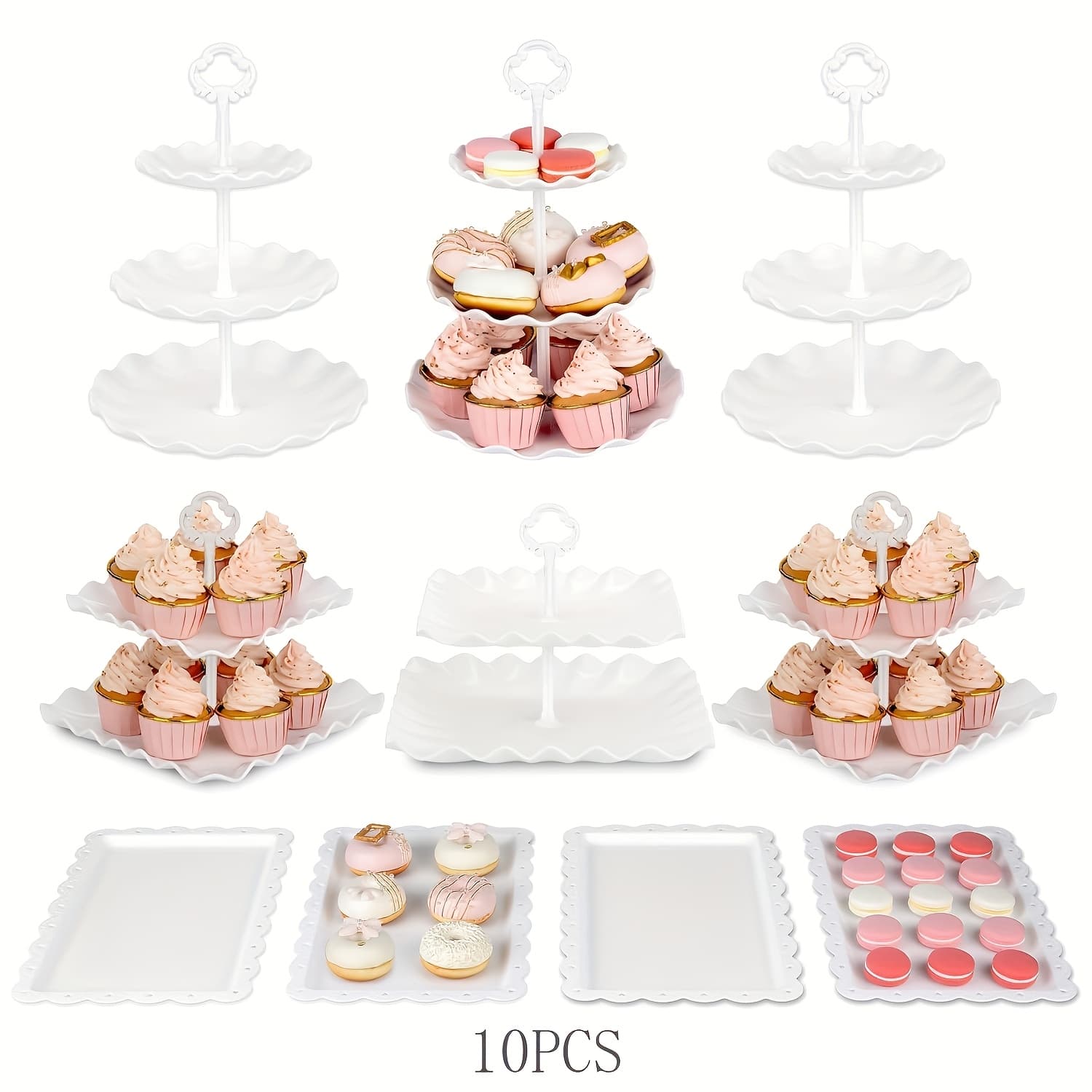 TEMU 10pcs Cake Stand, Cupcake Stand With 3 Double-layer Cupcake Stands, 3 Three-layer Cupcake Stands, 4 Appetizer Trays, Suitable For Birthdays, Weddings And Other Parties