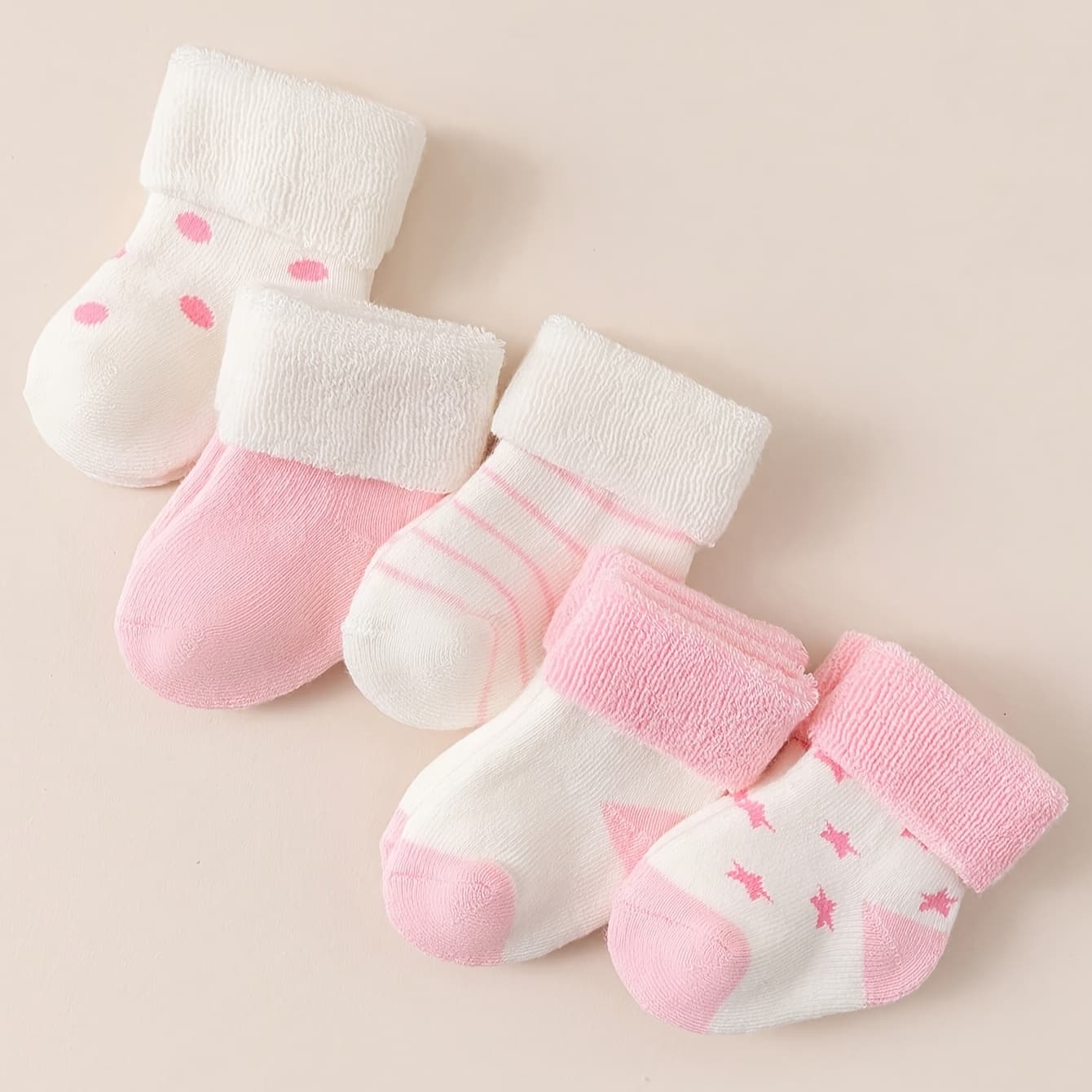TEMU 5prs Newborn Pink Thickened Autumn And Winter Socks With Foldable Cuffs