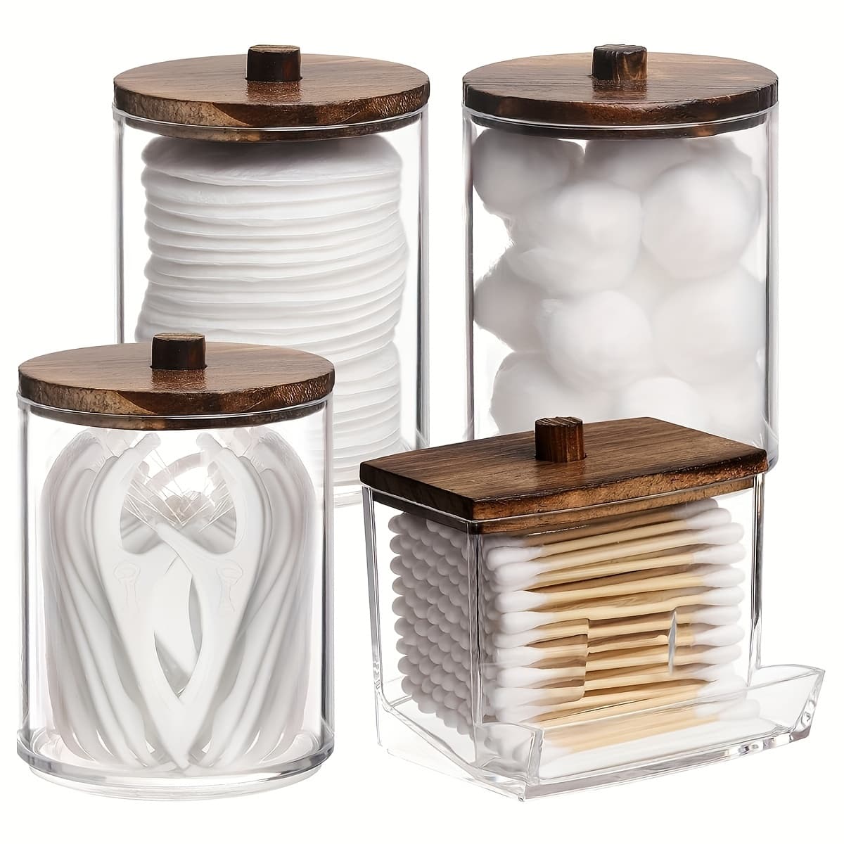 TEMU 8pcs Swab Holder (4 Cups + 4 Lids), Gift Set, Clear Plastic Medicine Jar, Organizer, Storage Jar, Acrylic, For Bathroom Organizer And Storage Container (bamboo Lid)