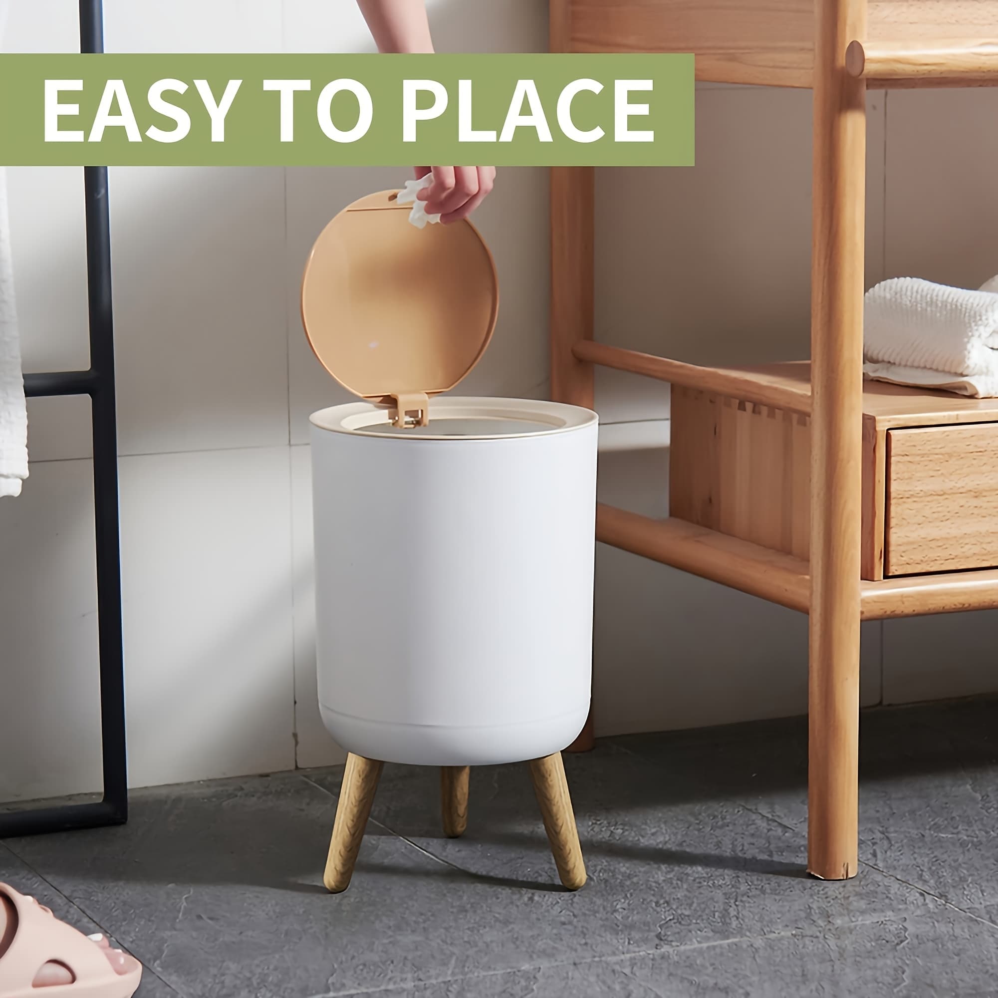 TEMU Trash Can, 1.8 Gallon With Press Top Lid, Nordic Modern Waste Basket, Plastic Trash Bin Suitable For Kitchen, Bathroom, Bedroom, Living Room, Office, Outdoor, Dog Proof Trash Can