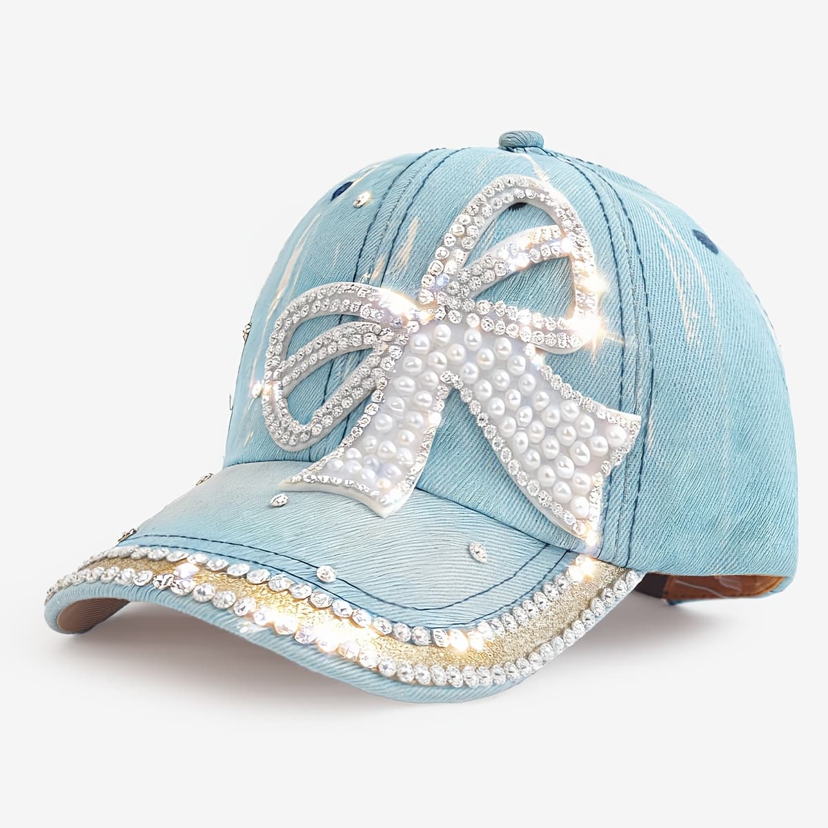 TEMU 1pc Adult Women's Glam & Bow Embellished Baseball , Vintage Distressed Versatile Outdoor Sun Hat, Ideal For Daily & Styling, Great Gift