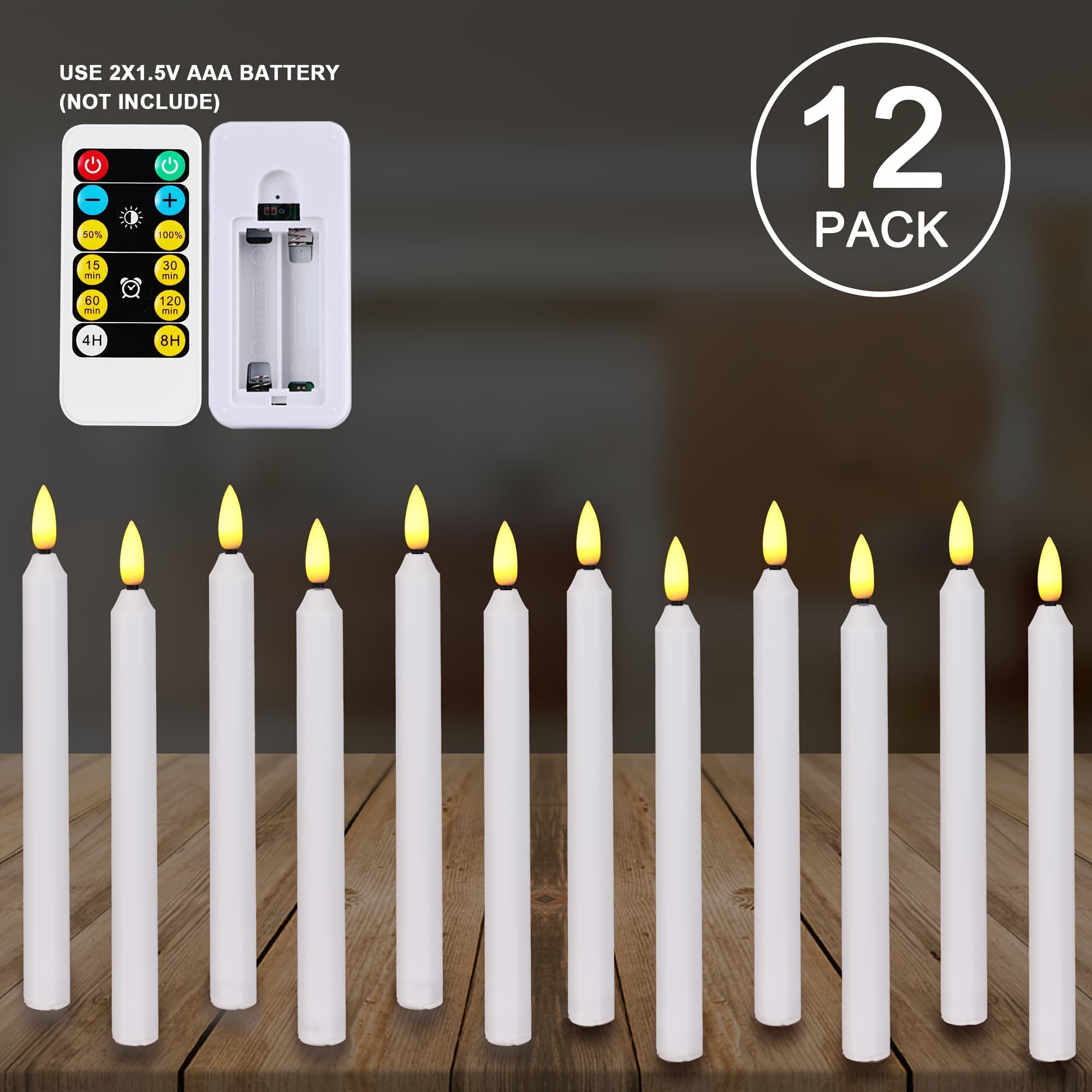 TEMU 12pcs Flameless Led Taper Candles With Remote Control, H9" - Long-lasting Battery-powered (2*aa Not Included), Perfect For Seasonal Celebrations, Indoor Use, And A Cozy Atmosphere