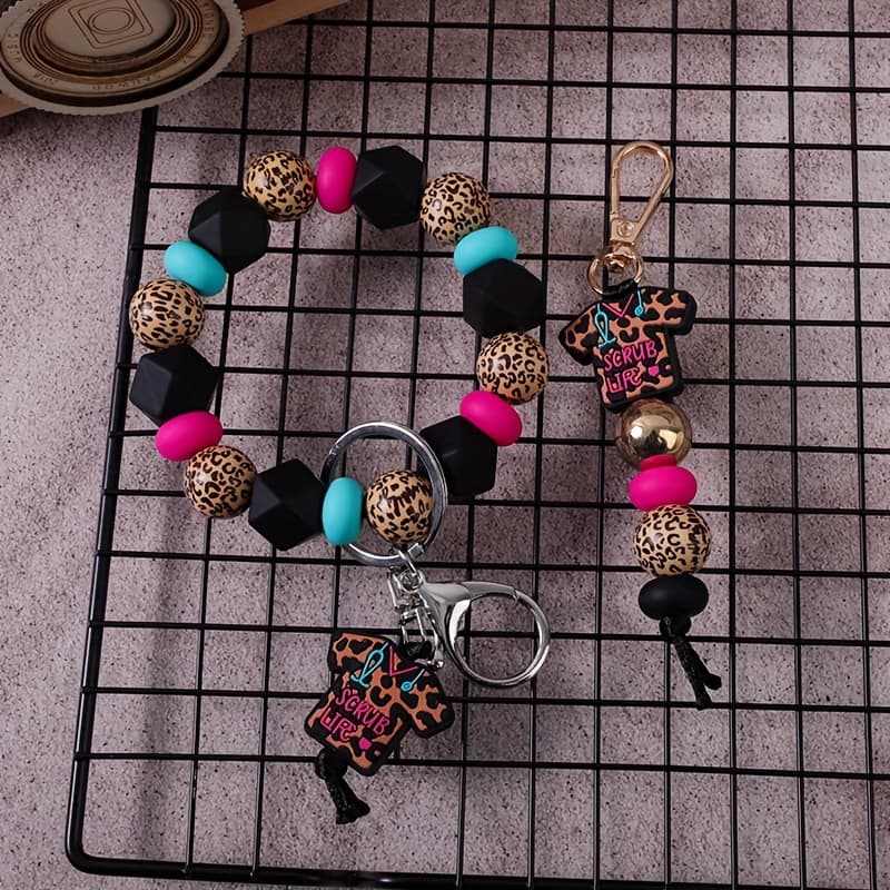TEMU Set Of 2 Minimalist Leopard Pattern Silicone Bead Wrist Keychains, Keychains For Doctor Uniforms, Additions For With Silicone Bead Pendants