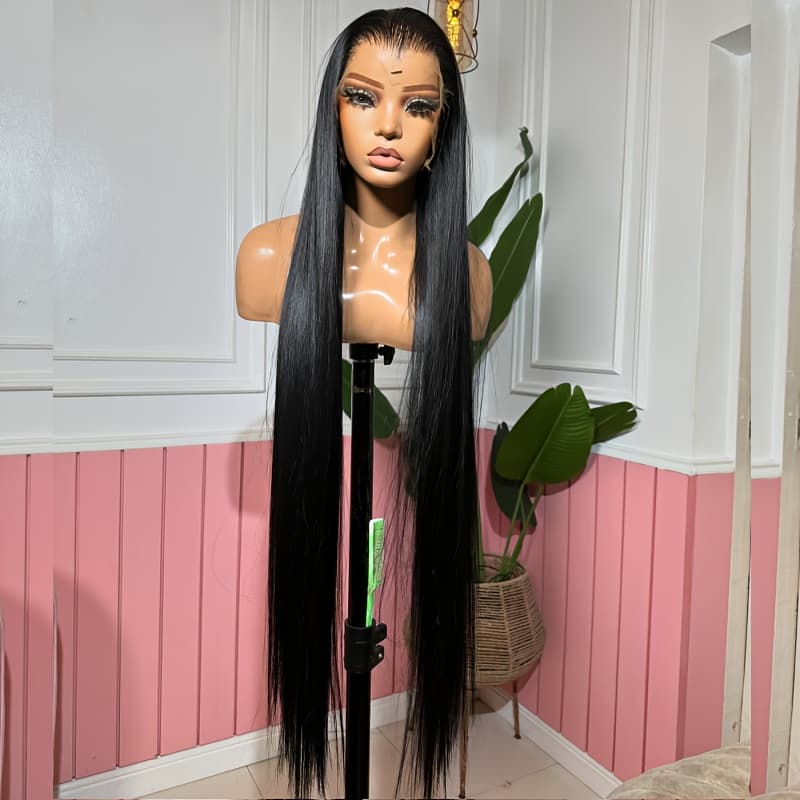TEMU 32" Long Straight Black Lace Front Wig - Glueless, Pre-, Heat Resistant, Hd Transparent Lace, Natural Look For Women, Deep Wave Style, Versatile For All