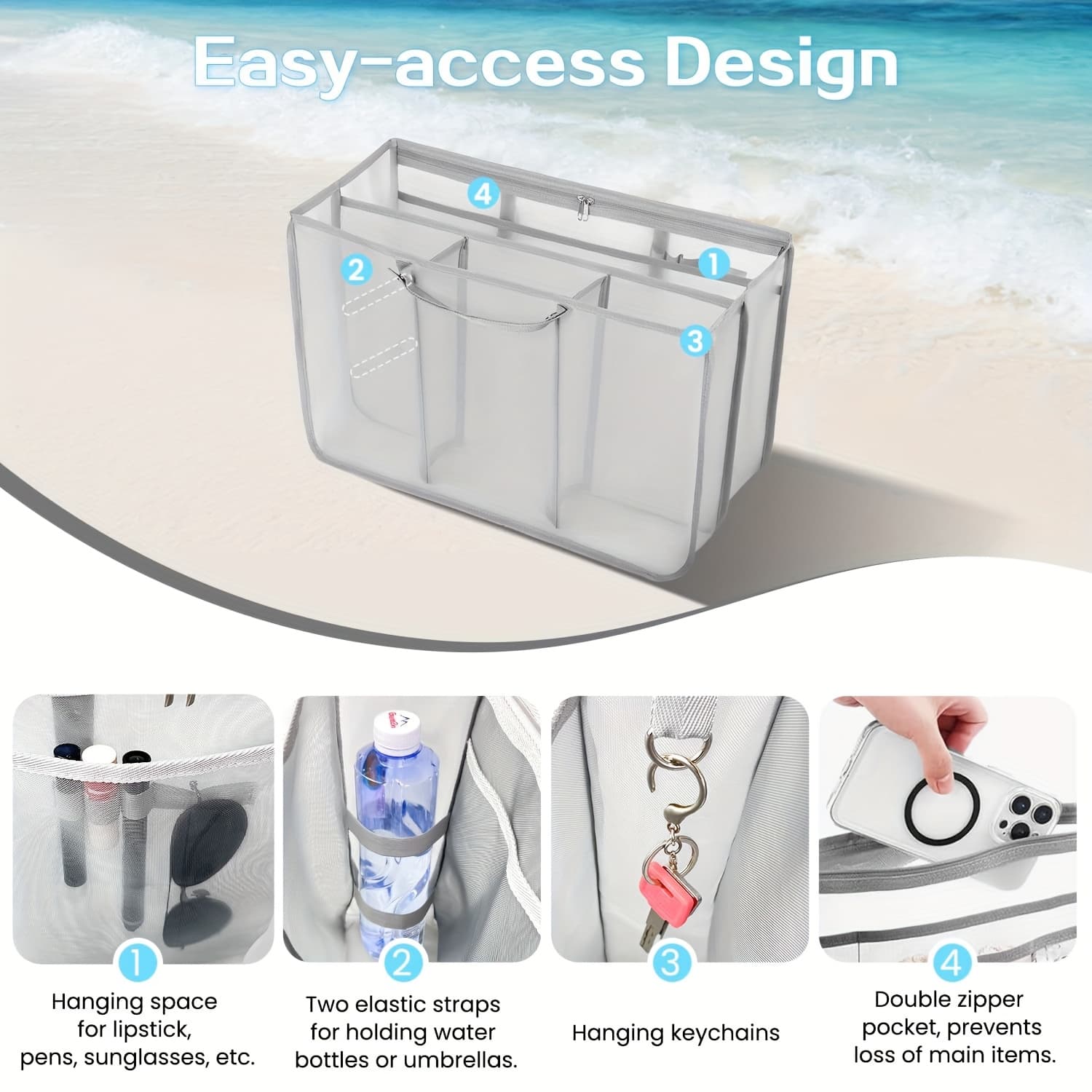 TEMU Xl-beach Bag Organizer Inserts For X Large Beach Bag Additions, Original Xl Lightweight Mesh Insert Divider Pouch, Organizing Tote Bags, Save Storage Space (gray)