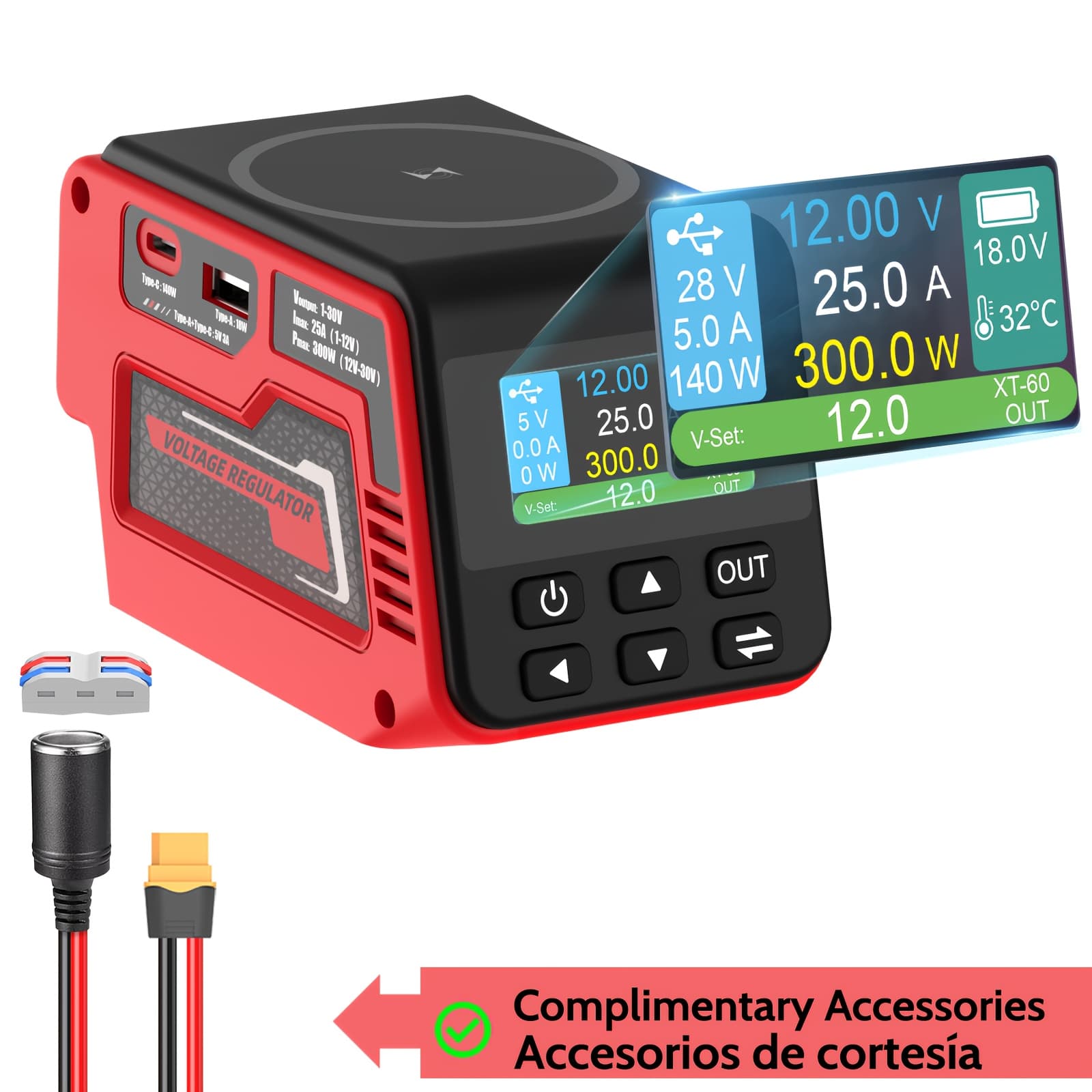 TEMU 300w Max Voltage Regulator For Red Mi-w-k 18v Battery | Portable Power Converter Supports 2v-30v Voltage Regulation With Wireless Charging And 2 Usb Ports, Pd3.1 140w Fast Charging