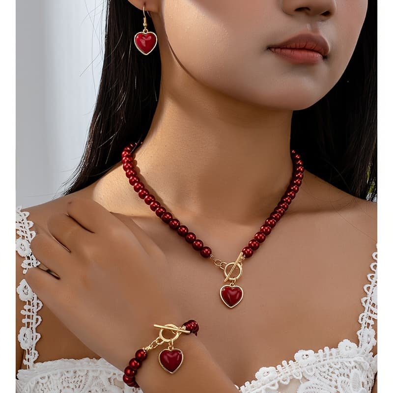 TEMU 4pcs Set Of Fashionable Temperament Heart Pendant Necklace Bracelet Stud Earrings Jewelry Suitable For Women' Holiday Party Gathering Street Date Wear And Gift