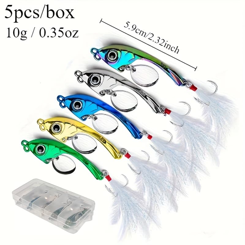 TEMU 5pcs Avlcoaky Vib Alloy Fishing Lures - Spinnerbaits With Feathered Hooks For Long Casting, Ideal For Sea Fishing And Bass, Fishing Lures
