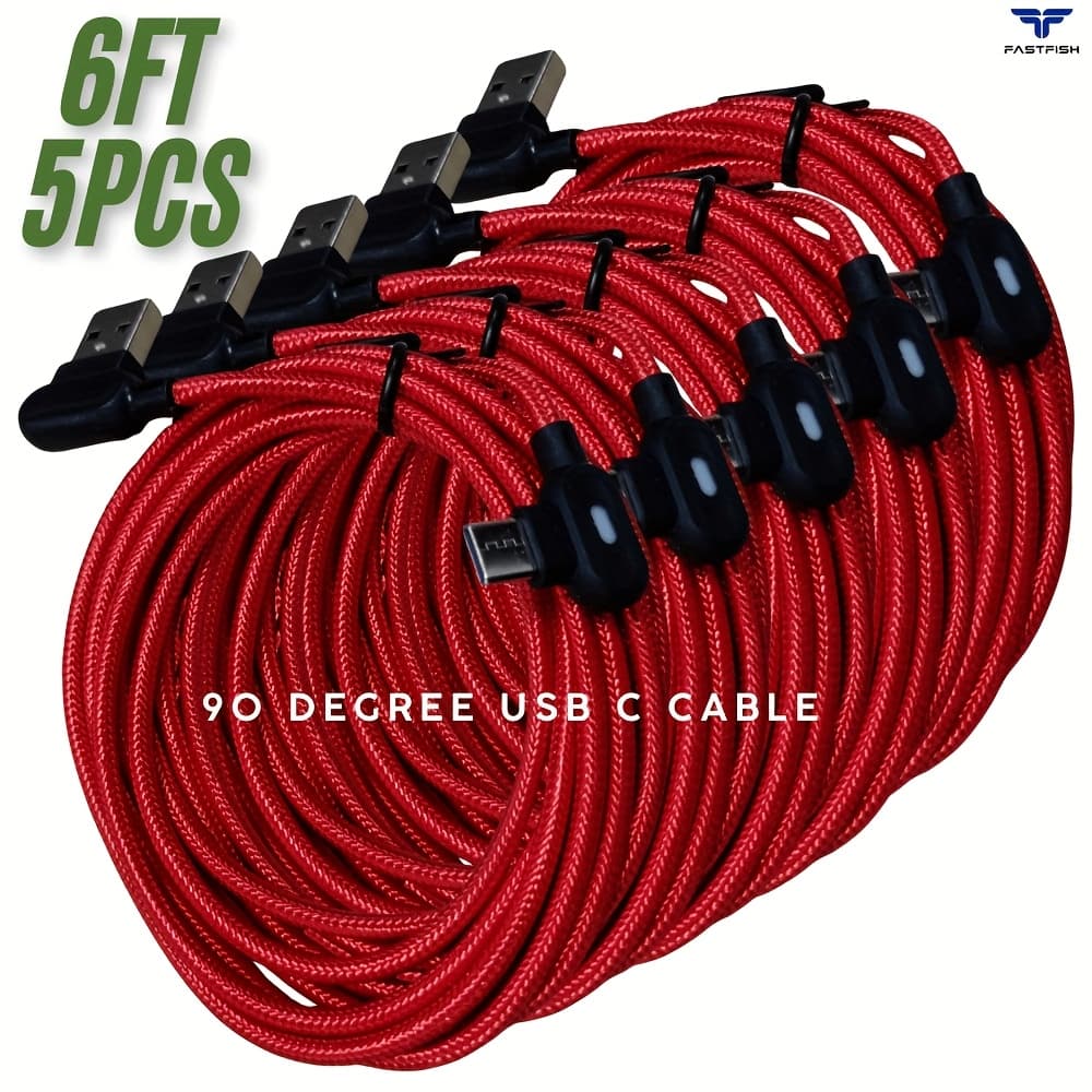 TEMU Fastfish 5pcs 2m/ 6ft Red 90 Degree Right Angle Usb C Fast Charger Cable Led Type C Cord For Iphone 15 Pro Max