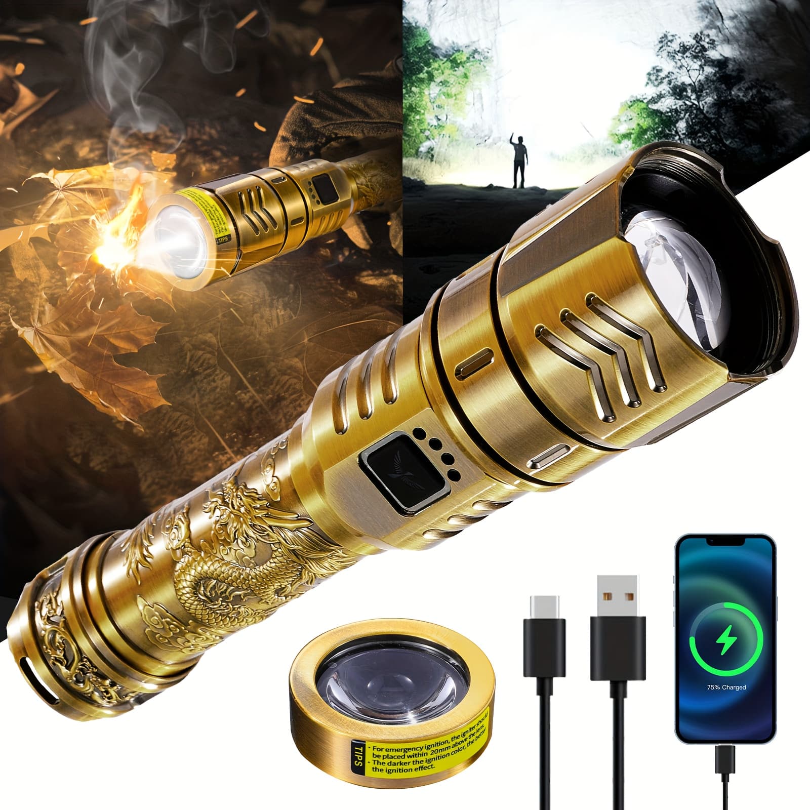 TEMU Skyfire Led High-brightness Pattern Flashlight, 4000mah Rechargeable Flashlight With Ignition Lens, Zoom Function, 4 , Suitable For Camping, Outdoor And Household Use