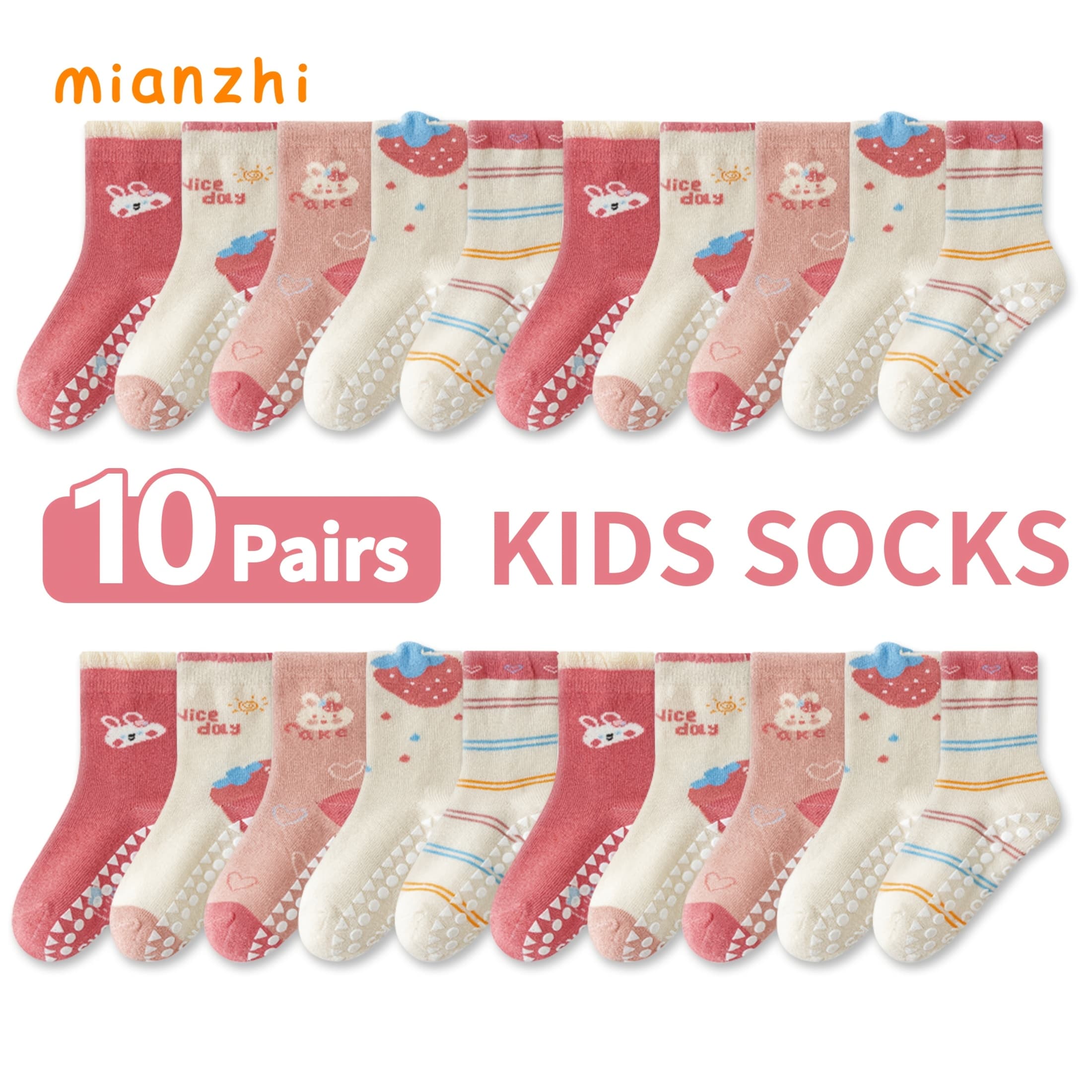 TEMU 10 Pairs Mianzhi Floor Socks Cartoon Dot Pink Strawberry Rabbit Pattern Boys Girls Baby Infant Soft-soled Indoor Anti-slip Letter Mid-calf Socks, Suitable For Casual Daily Wear