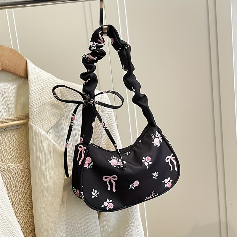 TEMU Women's Floral Print Nylon Mini Shoulder Bag - Adjustable Strap, Zipper Closure, Lightweight Travel & Commuter Handbag With Bow Accent, White/black, For Daily Use, Small Crossbody Bag