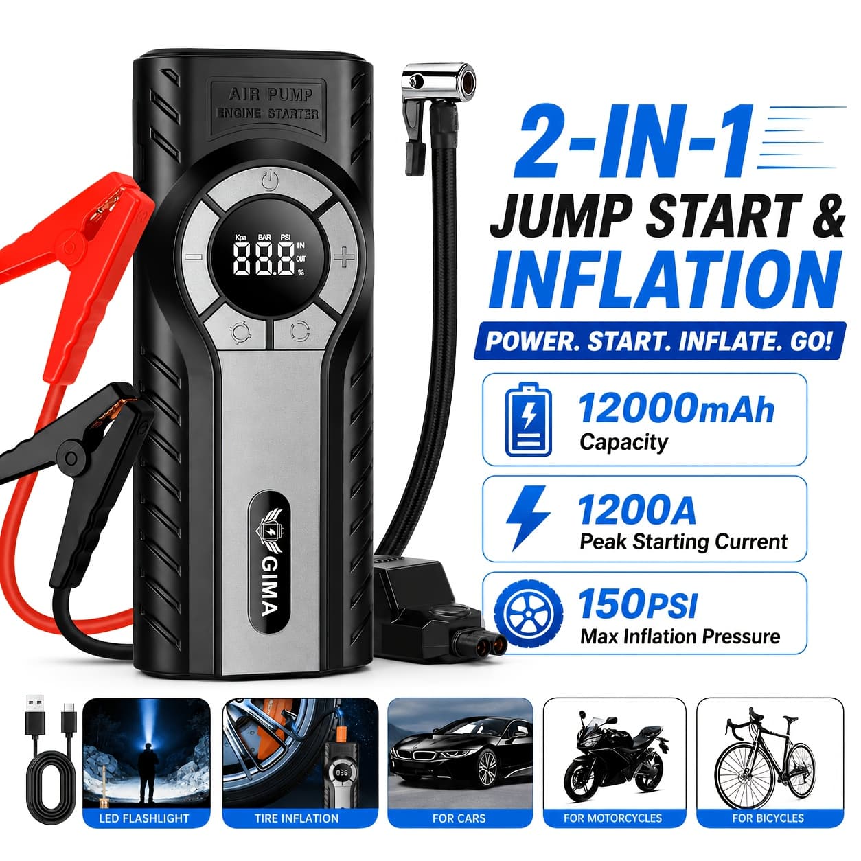 TEMU Jump Starter With Air Compressor, 1200a Portable Car Battery Booster (9.0 Gas/6.5l ) With 150psi Auto-shutoff Tire Inflator, 12v Lithium Jump Box Car Battery Jumper