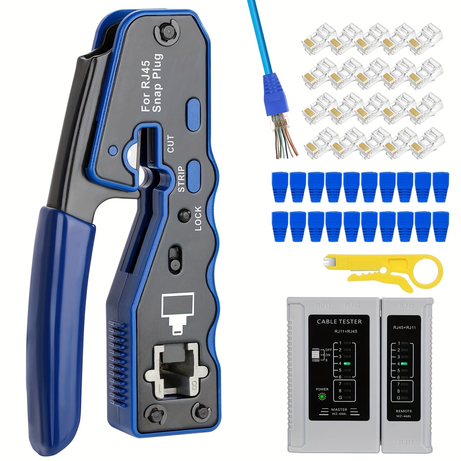 TEMU Rj45 Crimp Tool Kit Pass Thru Ethernet Crimper For Cat5e Cat6 Cat6a 8p8c Modular Connectors, Cat6 Crimping Tool And Tester (9v Battery Not Included)