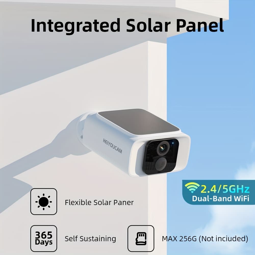 TEMU Heiyoucam Solar Outdoor Wireless Camera, 4mp For Home Security Camera With Built-in Solar Panel, 2.4ghz & 5ghz Wifi Surveillance, Color Night Vision, Audio, Supply, Tf Card/cloud Storage