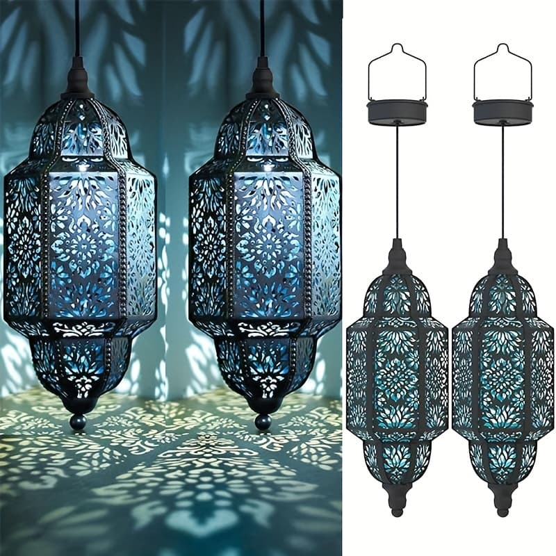 TEMU 2pcs Outdoor Solar Lanterns In A Multicolored Moroccan Design, Featuring Ip54 And A Cut-out Pattern, Perfect For Decorating Gardens, Patios, , Or For Halloween
