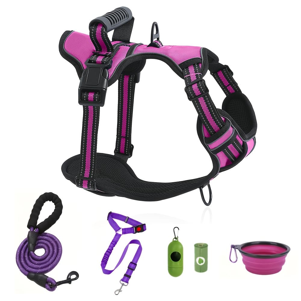 TEMU 6in -pull Dog Harness And Leash Set Adjustable Reflective No-choke Pet Oxford Vest With 2 Leash Clips And Handle For Small, Medium And Large Dogs