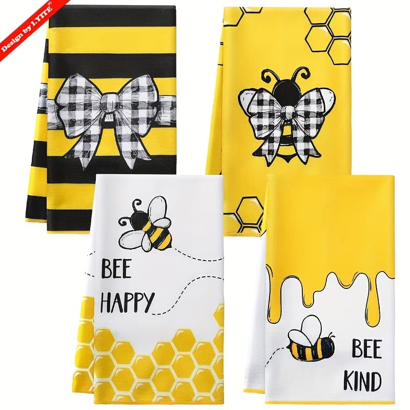 TEMU 4pcs Adorable Bee-themed Hand Towels - Durable & Absorbent With Fun Honeycomb Pattern - Kitchen Dish Towels For Cleaning, Decor, & Neighbor Gifts