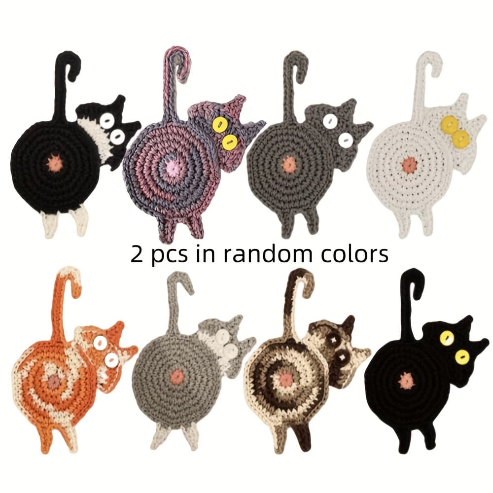 TEMU 2 Cat Shaped Hand Woven Coasters - Durable And Heat-resistant Tea Cups And Coffee Coasters With Colorful Floral Decorations, Suitable For Home Decoration, Kitchen, And Dining Table [color Random]