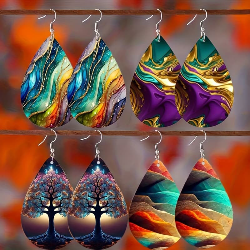 TEMU 4 Pairs Per Pack, Bohemian K Gothic Rainbow Gradient Acrylic Marble Fashion Pendant Minimalist Teardrop Drop Earrings, Ladies' Jewelry Gift