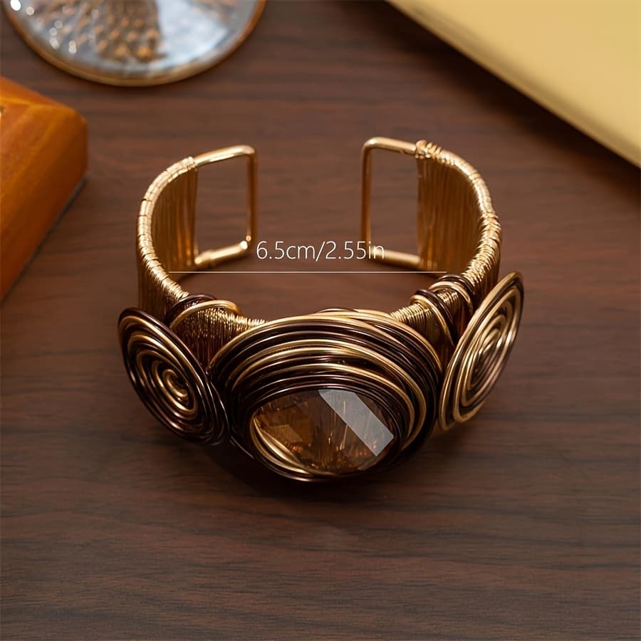 TEMU Elegant Boho-chic Copper Cuff Bracelet With Sparkling Zirconia - Handcrafted, Adjustable For Parties & Vacations
