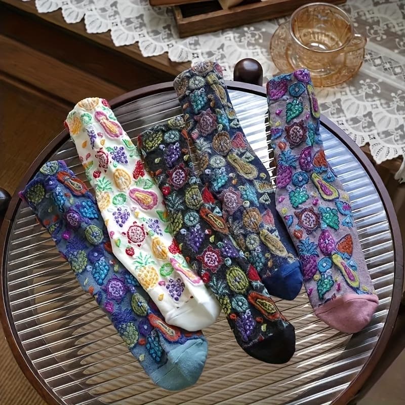 TEMU 5 Pairs Of Bohemian Style Knee Length Socks, 100%, Fruit And Vegetable Patterns, Vintage Textures, Fabrics, Couple Socks, Hand/ Dry Cleaning, 440 Grams Per - Vintage Ethnic Design