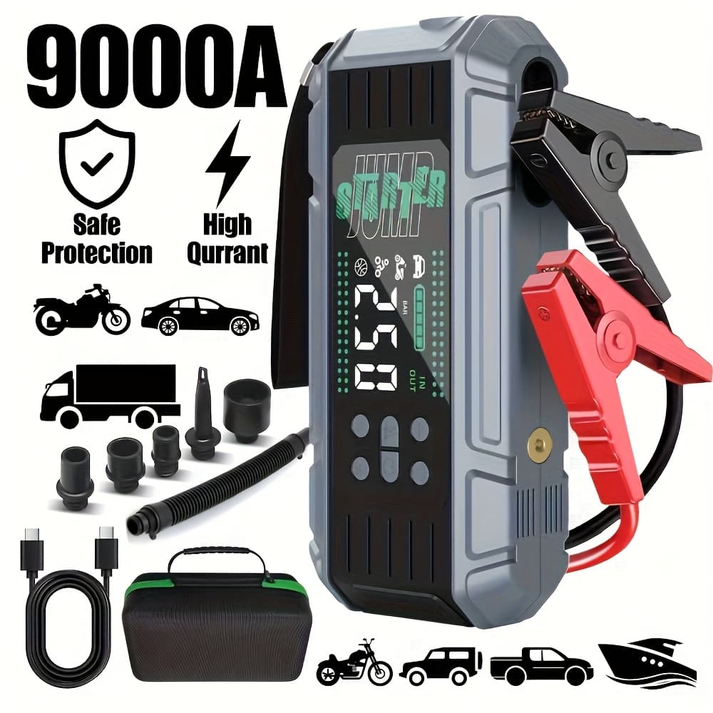 TEMU 9000a Jump Starter For All Gas & 12l Engines, Professional Heavy-duty Car Battery Booster, 12v Portable Power Pack With Smart Clamps, Qc3.0 Fast Charge & Led Emergency Light