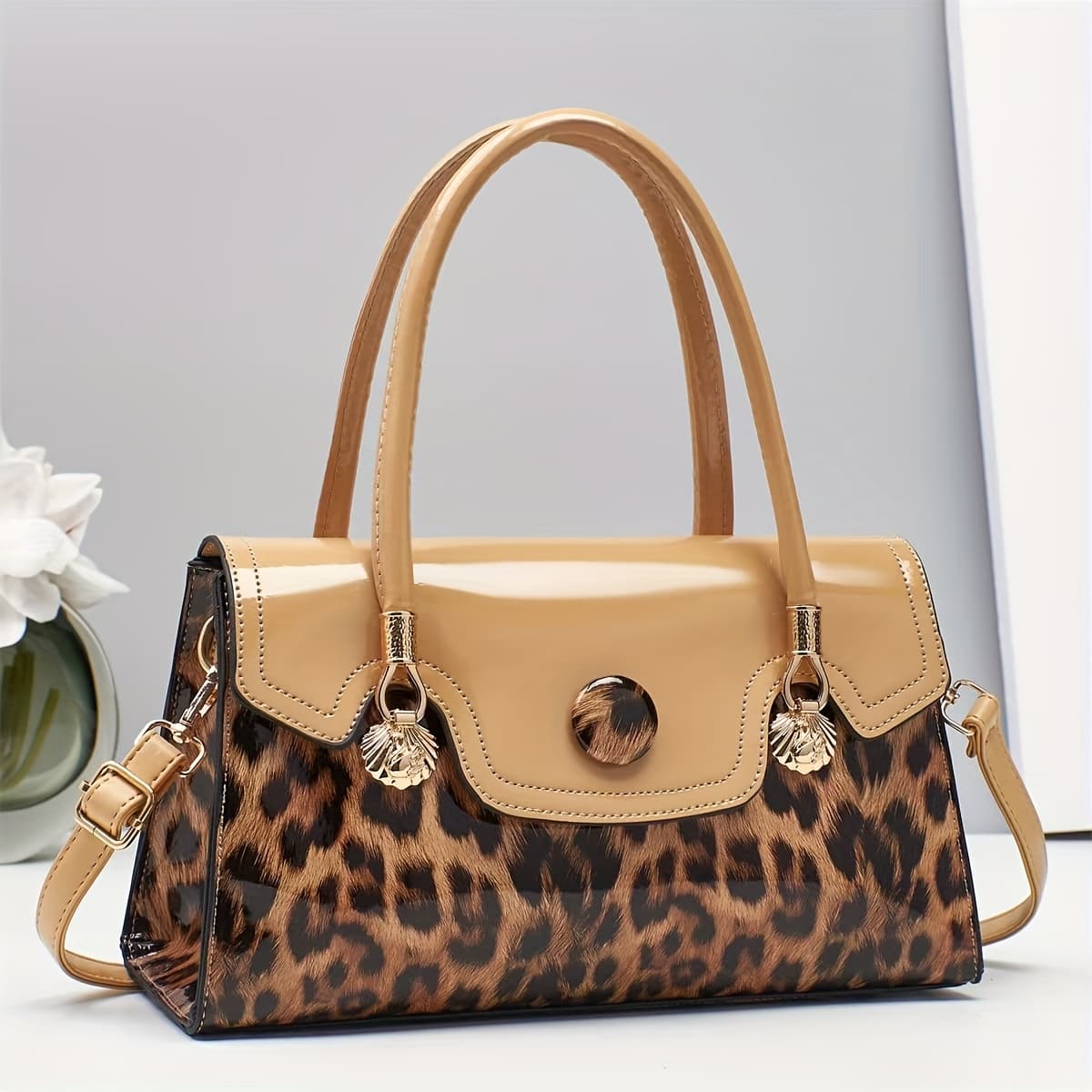 TEMU Fashionable New Women's Handheld Bag: Leopard Print Handbag With Magnetic Snap Closure, Metal Hardware Accents, Adjustable Shoulder Strap And Zip Closure.