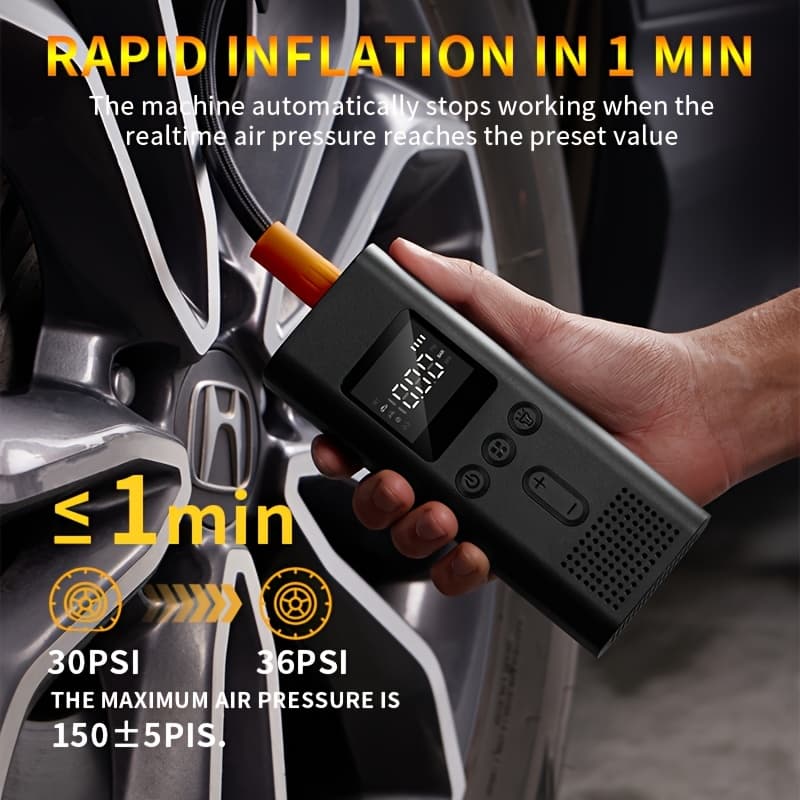 TEMU Tire Inflator Portable Air Compressor, 150psi&4000mah Portable Air Compressor With Accurate Pressure Gauge, Wireless Air Pump With 2x Faster Inflation Speed Used For Motorcycle Ball Class