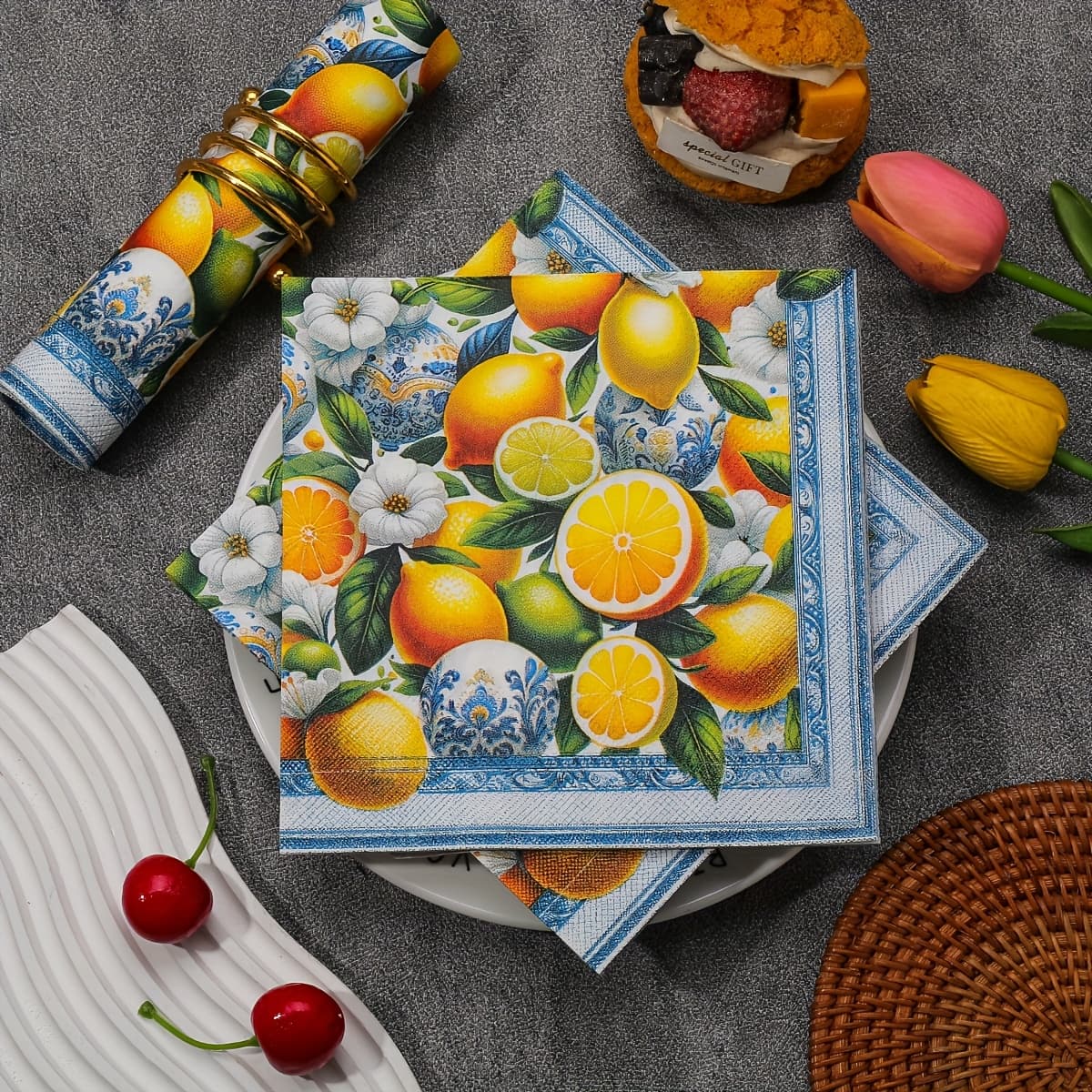 TEMU 20pcs Of The 2025 New Style Printed Lemon And Orange Napkins, 13x13 Inches - Decorative Paper Napkins For Wedding, Birthday, And Garden Parties, Suitable For Restaurant, Kitchen, And Café Decor
