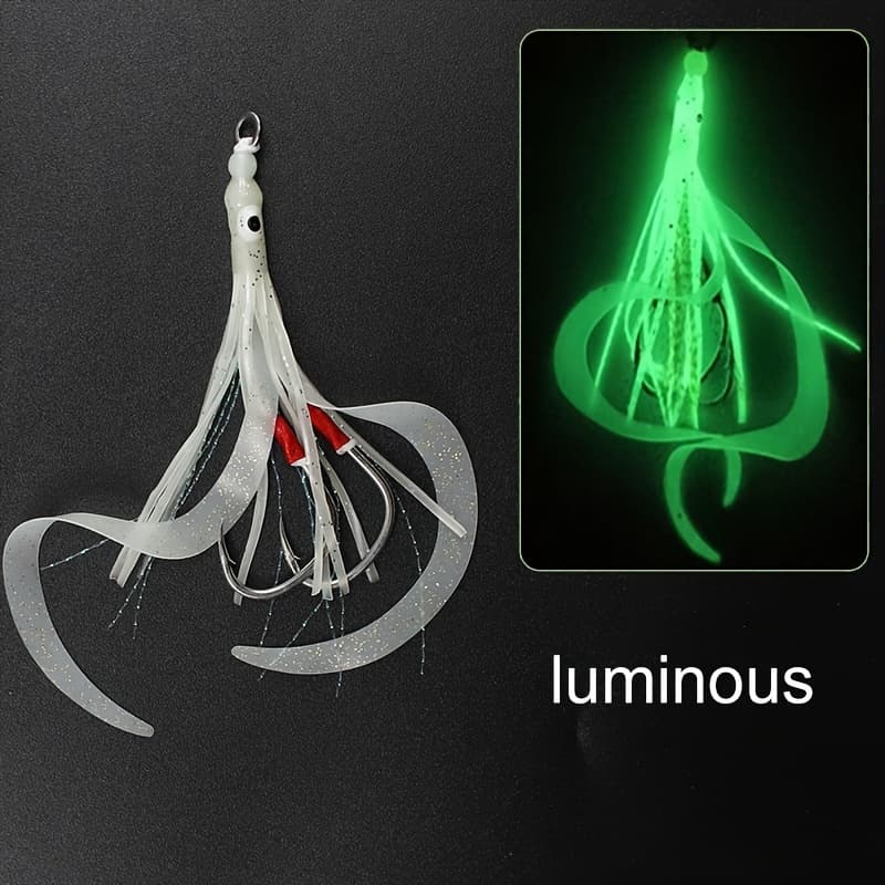 TEMU 1pc Glow Squid Bait With Double Assist Hooks Jig With Rubber Skirts