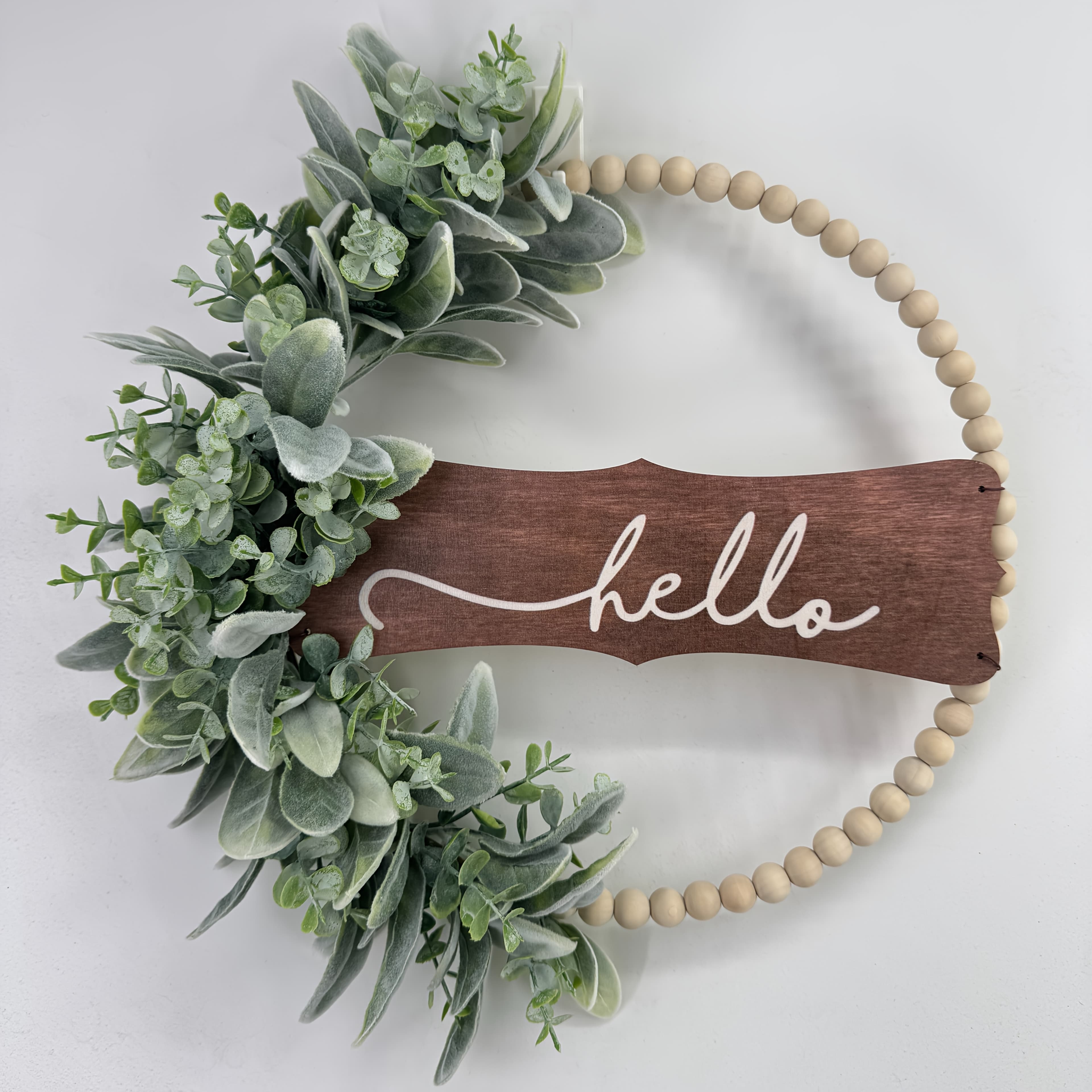 TEMU Hello Front Door Wreath, Neutral Modern Bead Arched Wreath, Arched Wreath With Sheep Ear Leaves, Wreath
