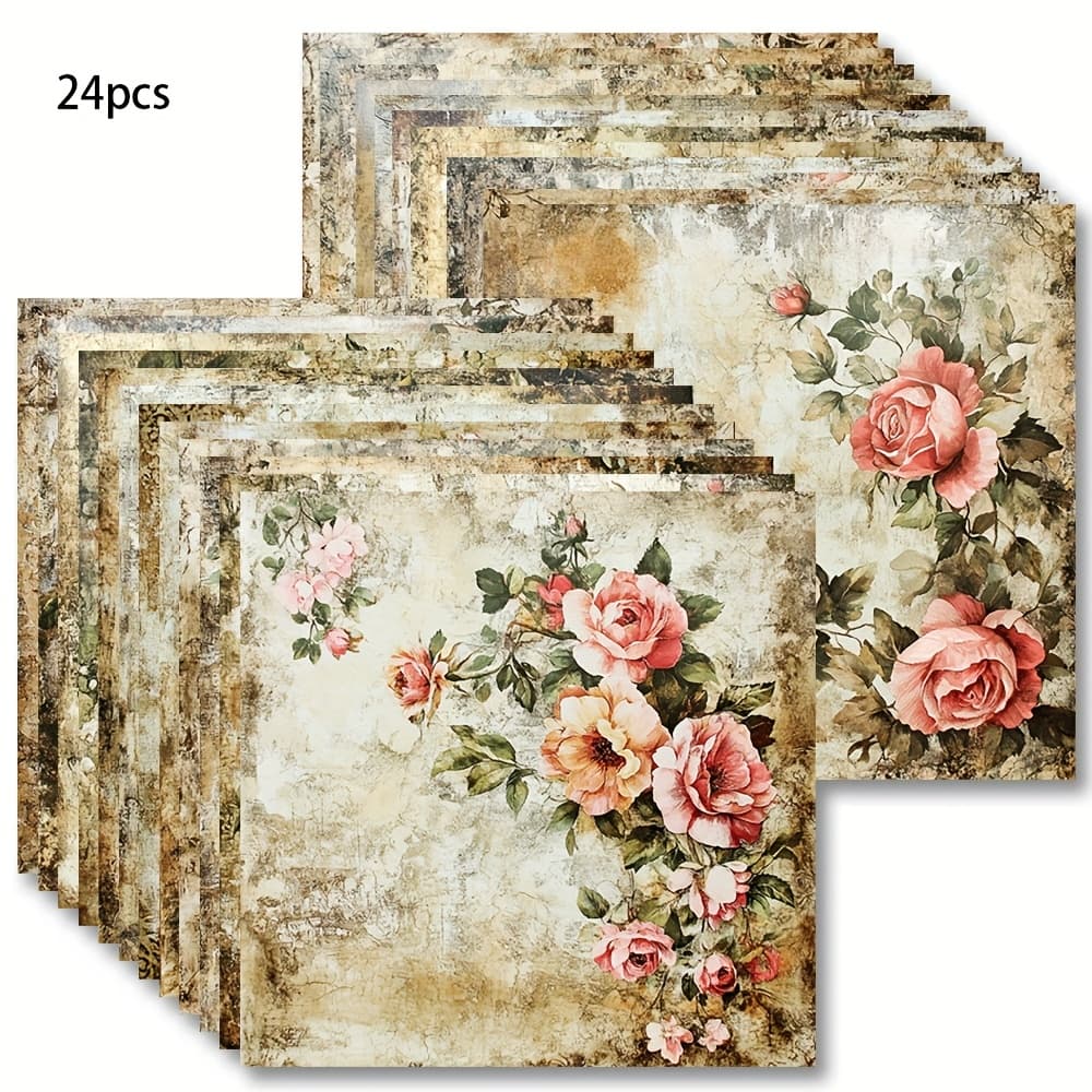 TEMU 24pcs Retro Colored Large Flower Art Oil Painting Suitable For Diary Decoration Crafts Memo Album Background Handmade Origami (random Pattern)