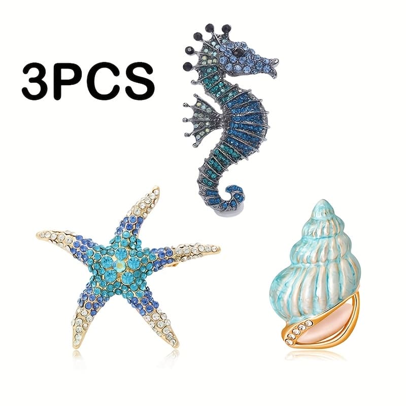 TEMU 3pcs Blue Ocean Animal Seahorse Starfish Shell Brooch Set